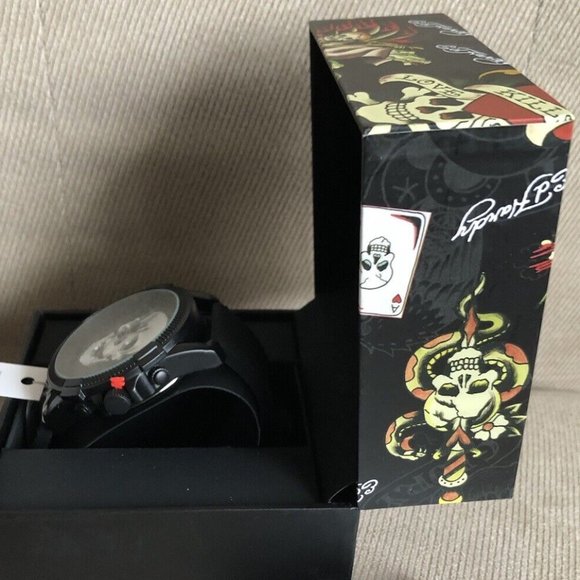 ED HARDY GOTH MATTE BLACK SILVER SKULL MEN'S SILICONE STRAP WATCH**NEW! - Picture 7 of 8